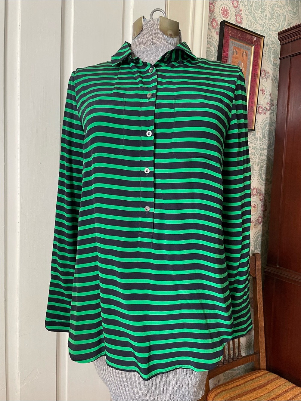 J CREW Blue and Green Horizontal Stripes Silk Long Sleeve Top